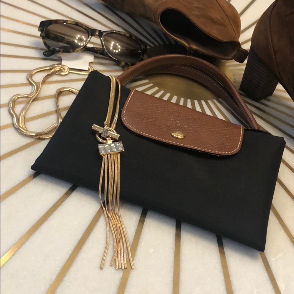 Gold Long Tassel Neckless with Baguette Stones